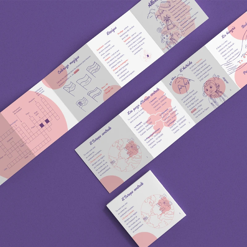 Carnets Europe centrale dépliés sur fond violet : cartes, lexique et jeux