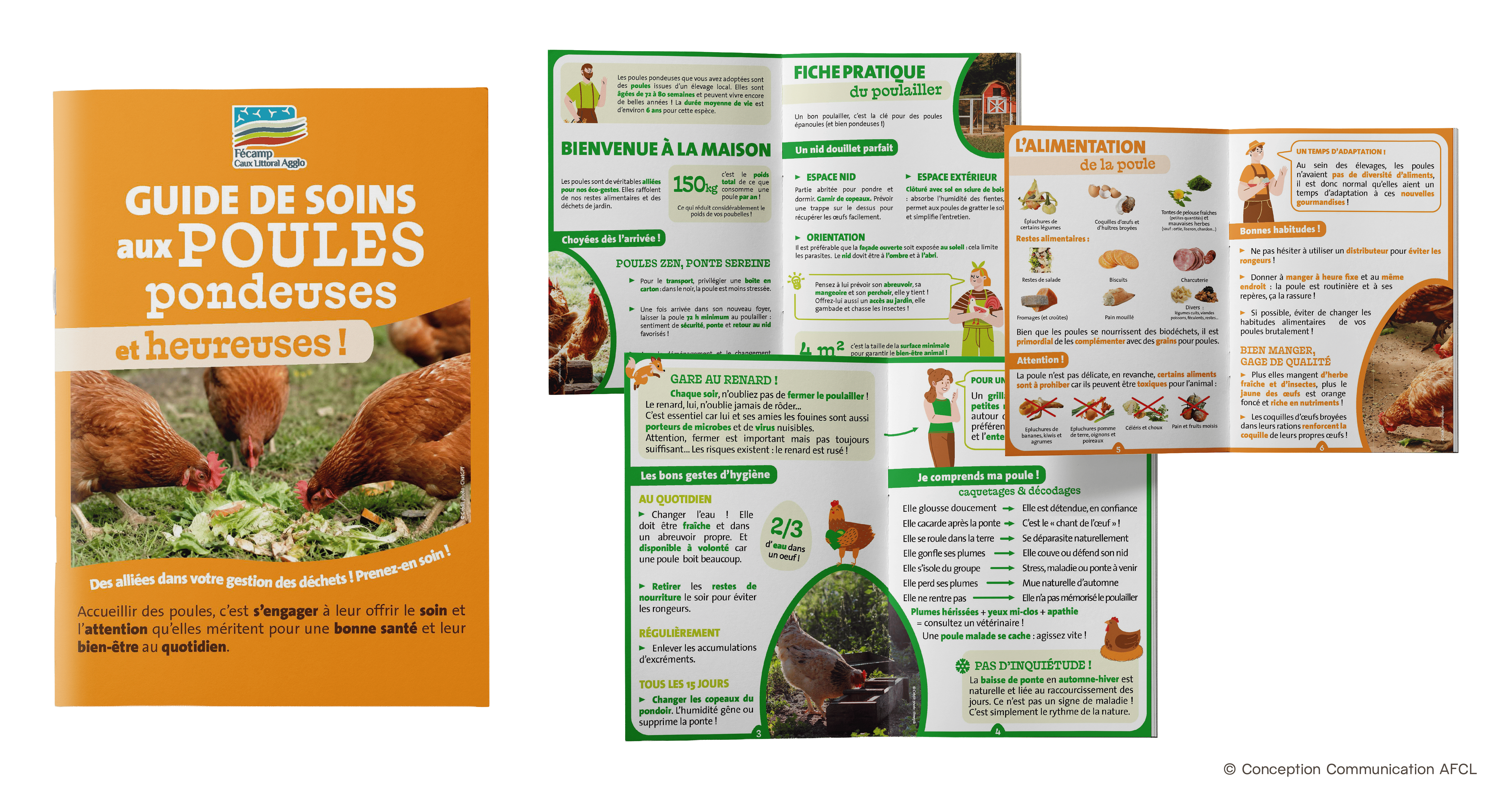 Guide de soins aux poules pondeuses : couverture orange et doubles pages intérieures illustrées